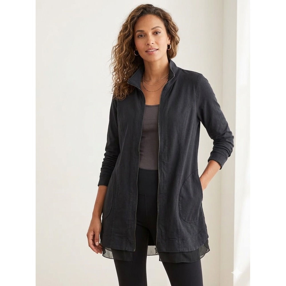 Soft Surroundings Zip Up Jacket M Black Sheer Hem Athleisure Travel Tunic Chic